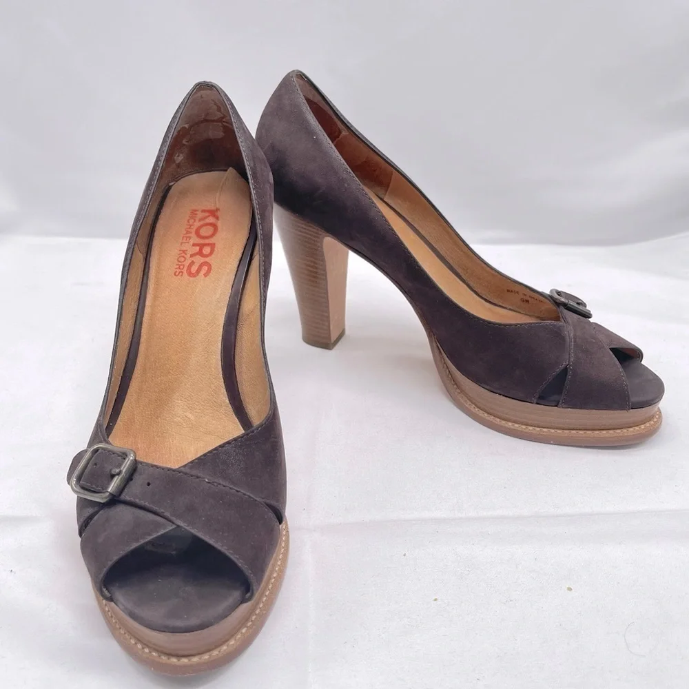 Kors Michael Kors Suede Buckle Open Toe Platform Pump Size 9M